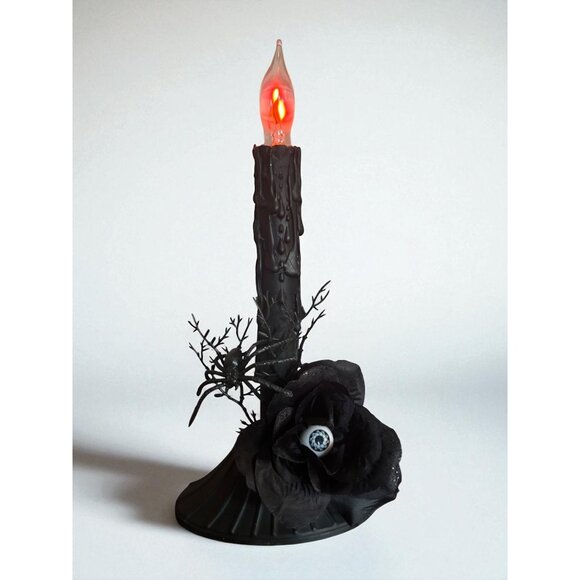 Upcycled Halloween Candle Window Light Electric flicker bulb Black Spider and R - Picture 1 of 8